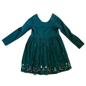 Hanna Andersson Green Embroidered Reindeer Holiday Christmas Dress